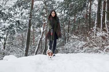Amaçlı bir evcil hayvan kızı öne çeker. Sıcak elbiseli bir kadın karlı ormanda köpeği gezdirir..
