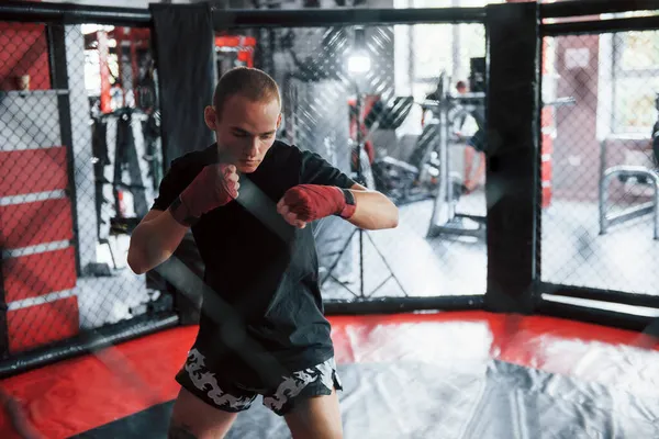 Young Boxer Red Bandages Have Exercise Gym Cage — Stock Photo, Image