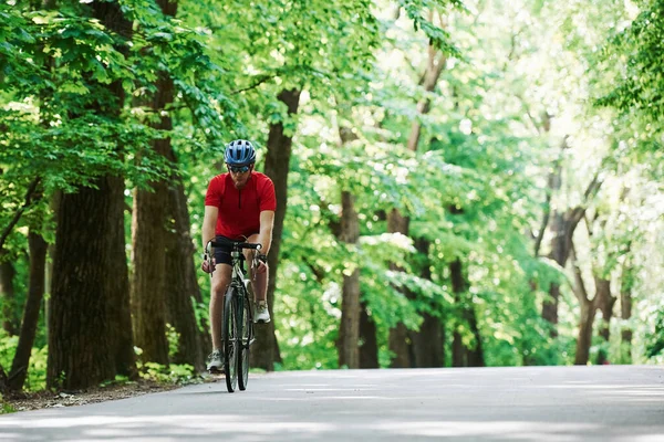 骑自行车的人在森林里的柏油路上 — 图库照片