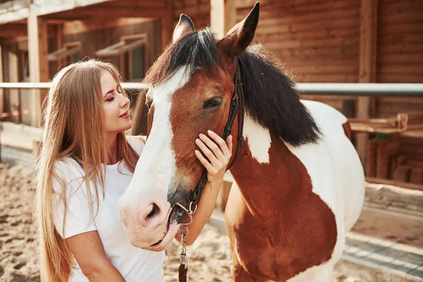 Enjoying Nature Together Happy Woman Her Horse Ranch Daytime — Stock Photo, Image