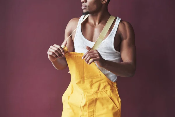 His New House Young African American Worker Yellow Uniform Have — Stock Photo, Image