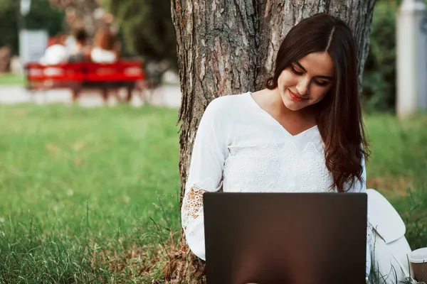 Χρησιμοποιώντας Internet Νεαρή Γυναίκα Έχει Σαββατοκύριακο Και Κάθεται Στο Πάρκο — Φωτογραφία Αρχείου