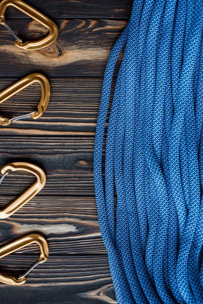 Photographed Designer Isolated Photo Climbing Equipment Part Carabiner Lying Wooden — Stock Photo, Image