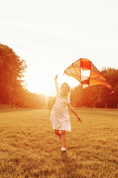 Holidays Village Happy Girl White Clothes Have Fun Kite Field — Stock Photo, Image