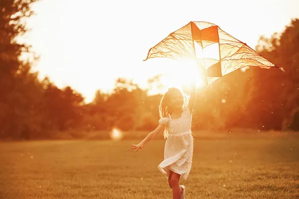 Nice Evening Happy Girl White Clothes Have Fun Kite Field — Stock Photo, Image