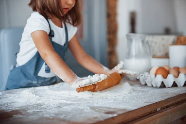 Close View Cute Kid White Chef Uniform Preparing Food Kitchen — Stock Photo, Image