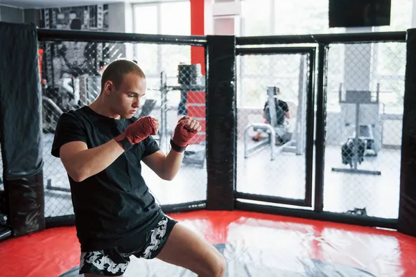 Young Boxer Red Bandages Have Exercise Gym Cage — Stock Photo, Image