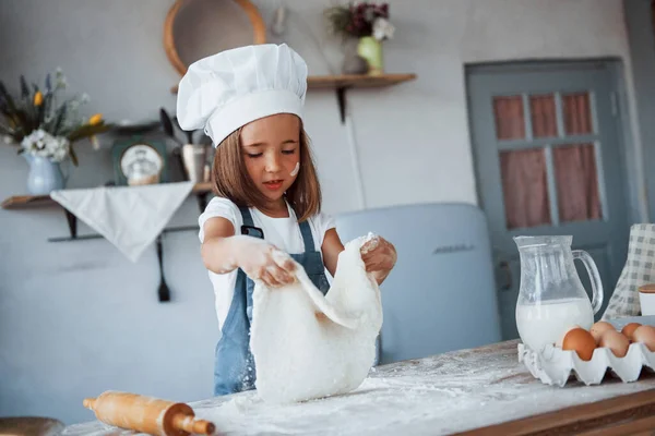 Cute Kid White Chef Uniform Preparing Food Kitchen — Stock Photo, Image