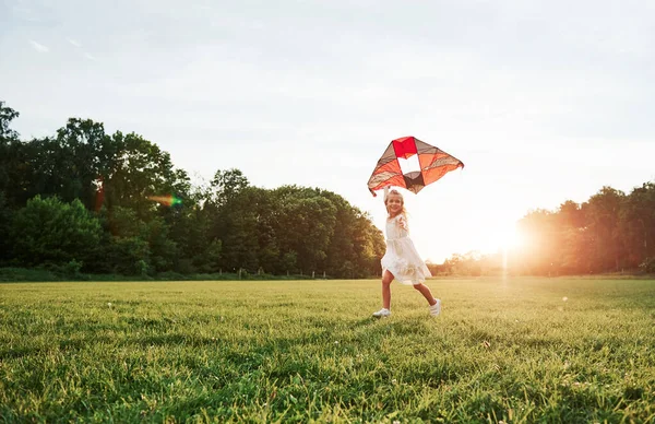 Big Meadow Happy Girl White Clothes Have Fun Kite Field — Stock Photo, Image