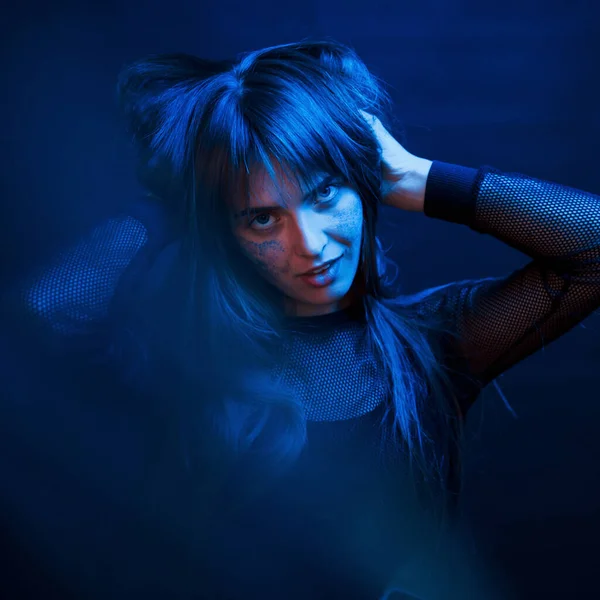Hot Beautiful Woman Illuminated Blue Color Feel Passion Studio Shot — Stock Photo, Image