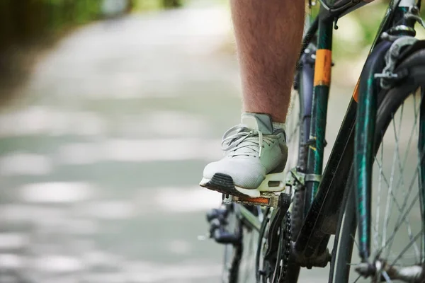 脚踏在踏板上 骑自行车的人在森林里的柏油路上 — 图库照片