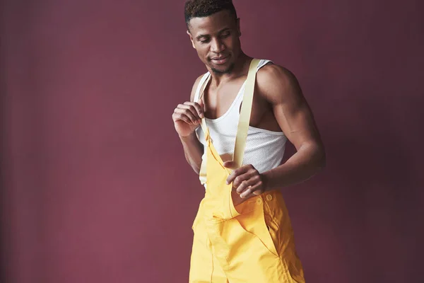 Fashion Model Young African American Worker Yellow Uniform Have Some — Stock Photo, Image
