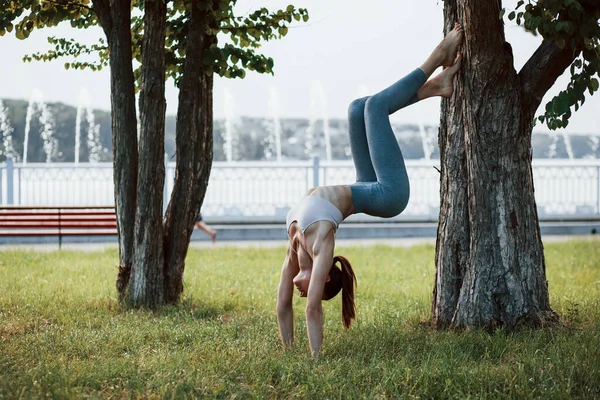 Increíble Flexibilidad Mujer Joven Con Tipo Delgado Cuerpo Hace Ejercicios —  Fotos de Stock