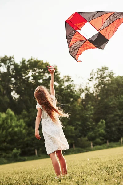 Believe Can Fly Happy Girl White Clothes Have Fun Kite — Stock Photo, Image