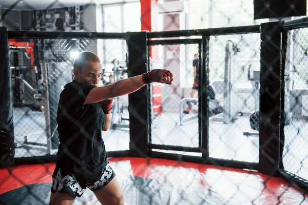 Young Boxer Red Bandages Have Exercise Gym Cage — Stock Photo, Image