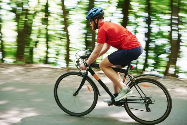 Wazige Achtergrond Fietser Fiets Asfaltweg Het Bos Zonnige Dag — Stockfoto