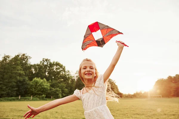 Sincere Smile Happy Girl White Clothes Have Fun Kite Field — Stock Photo, Image