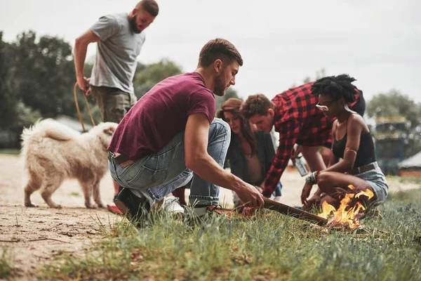 Upptagen Med Lägereld Grupp Människor Har Picknick Stranden Vänner Kul — Stockfoto