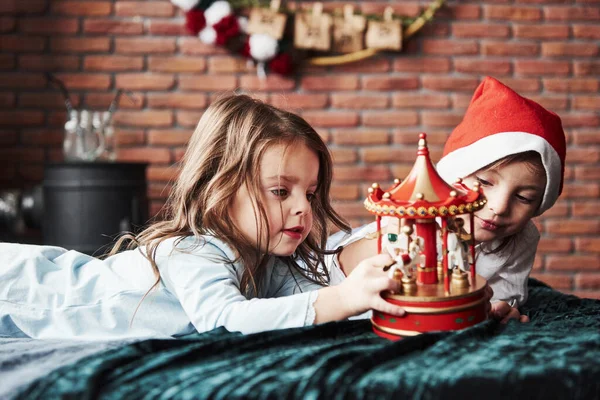 Children Playing Toy Carousel New Year Time One Girl Santa — Stock Photo, Image