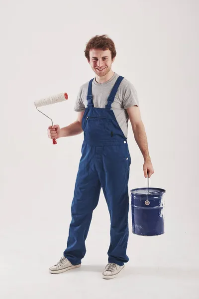Ich Bin Bereit Für Die Reparaturen Mann Blauer Uniform Steht — Stockfoto