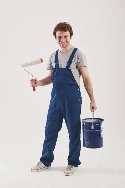 Sono Qui Riparazioni Uomo Uniforme Blu Erge Sullo Sfondo Bianco — Foto Stock