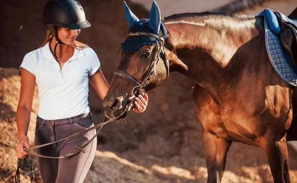 Heitere Stimmung Reiterin Uniform Und Schwarzem Schutzhelm Mit Pferd — Stockfoto
