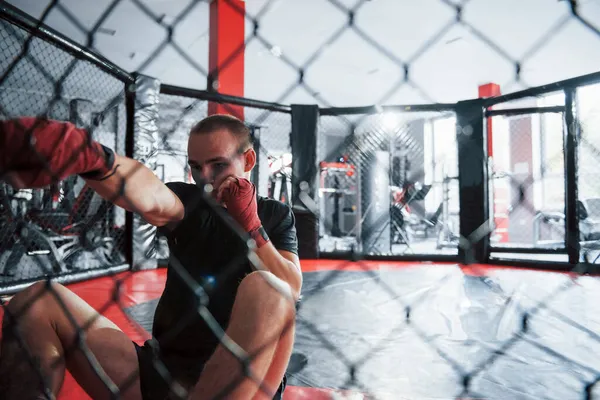 Position Young Boxer Red Bandages Have Exercise Gym Cage — Stock Photo, Image