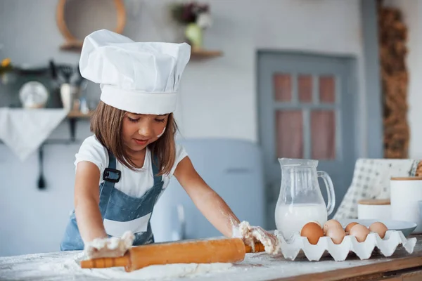 Cute Kid White Chef Uniform Preparing Food Kitchen — Stock Photo, Image