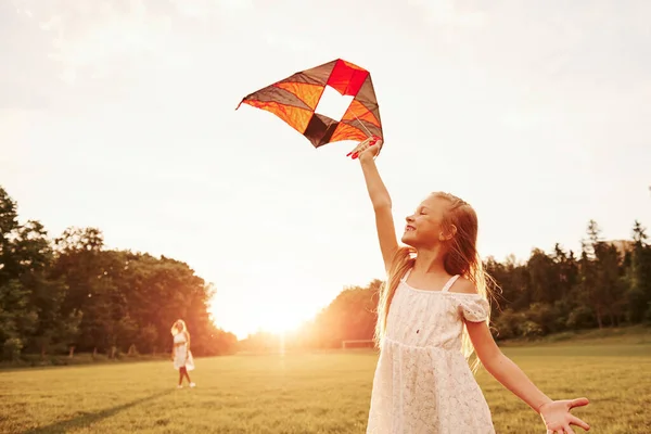 Woman Waiting Mother Daughter Have Fun Kite Field Beautiful Nature — Stock Photo, Image