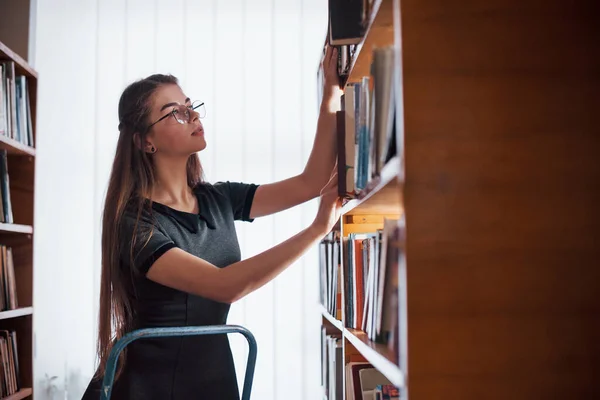 Standing Ladder Female Student Library Full Books Conception Education — Stock Photo, Image