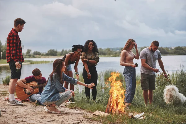 Niedaleko Jeziora Grupa Ludzi Organizuje Piknik Plaży Przyjaciele Bawcie Się — Zdjęcie stockowe