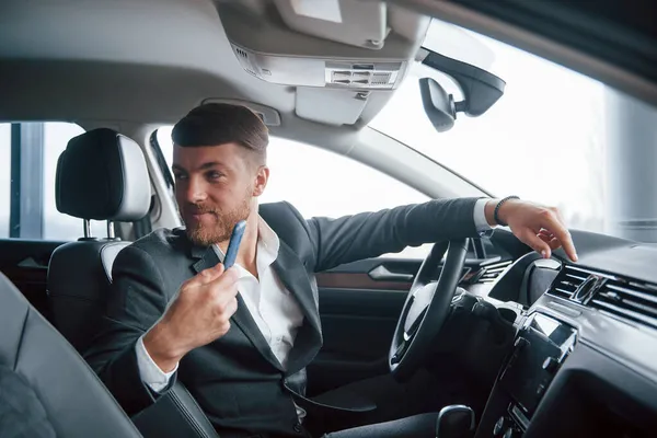 Passenger Back Seat Modern Businessman Trying His New Car Automobile — Stock Photo, Image