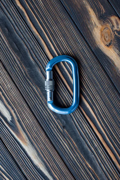 Steel Material Isolated Photo Climbing Equipment Part Carabiner Lying Wooden — Stock Photo, Image
