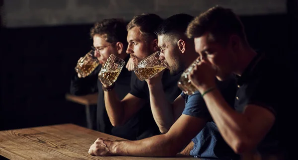 Drinking Beer Three Sports Fans Bar Watching Soccer — Stock Photo, Image