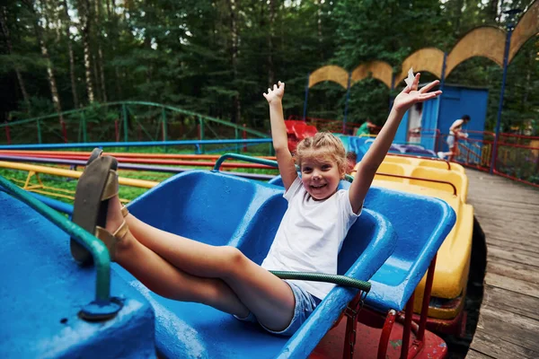 Happy Female Kid Have Fun Roller Coaster Park Daytime — Stock Photo, Image
