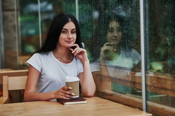 Portrait Young Female Student Sits Cafe Rainy Day One Person — Fotografia de Stock