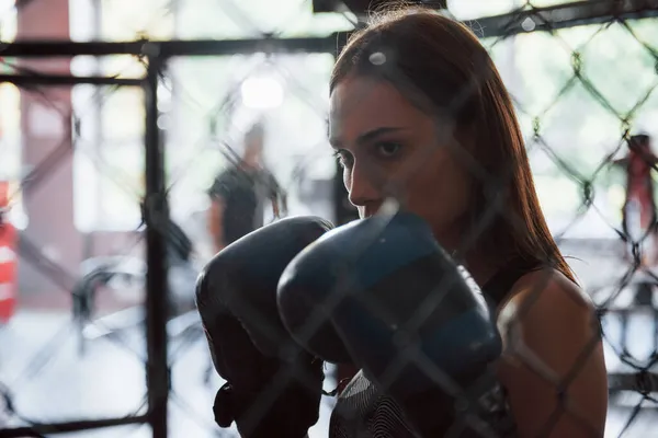 Hermosa Boxeadora Femenina Guantes Azules Tienen Ejercicio Gimnasio Jaula —  Fotos de Stock