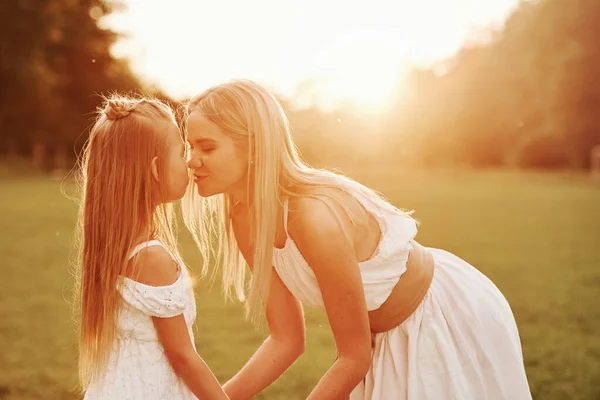 Kissing Child Mother Daughter Enjoying Weekend Together Walking Outdoors Field — Stock Photo, Image