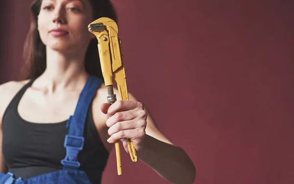 Universal Wrench Young Housewife Decided Glue Wallpaper Her New House — Stock Photo, Image