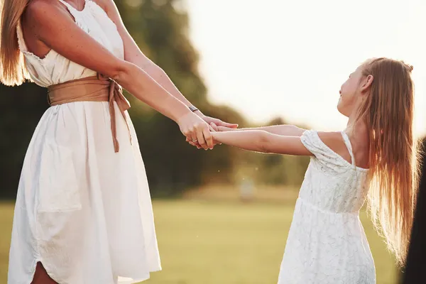 Cropped Photo Mother Daughter Enjoying Weekend Together Walking Outdoors Field — Stock Photo, Image