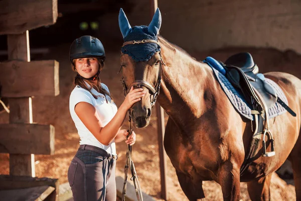 Tier Ist Blauer Kleidung Reiterin Uniform Und Schwarzem Schutzhelm Mit — Stockfoto