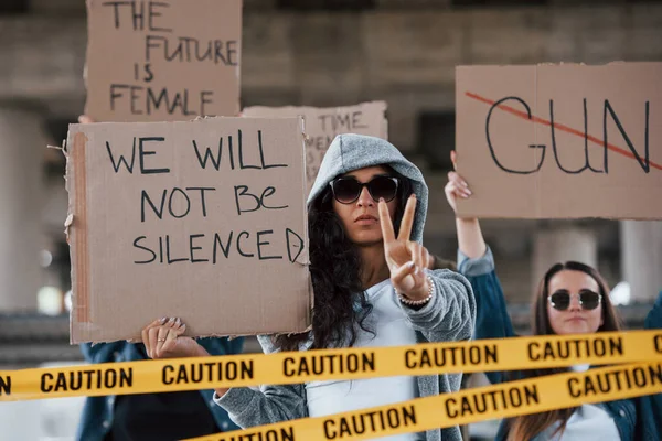 Different Our Rights Equal Group Feminist Women Have Protest Outdoors — Fotografia de Stock