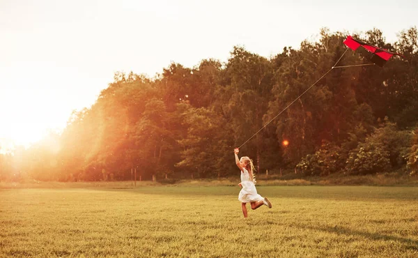 あの牧草地は広い 白い服の幸せな女の子は フィールド内のカイトと楽しいことがあります 美しい自然 — ストック写真