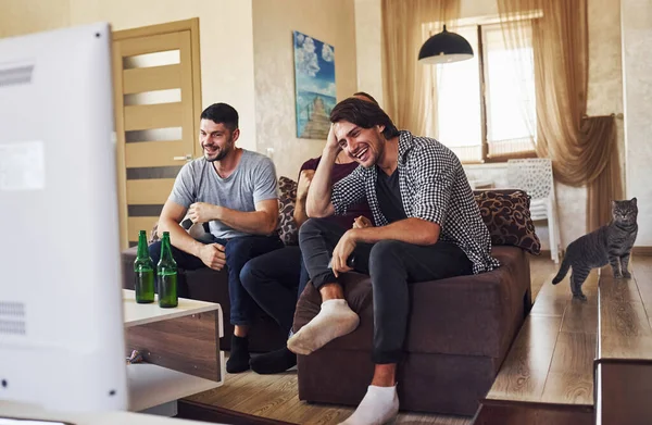 Gato Las Gradas Gente Riéndose Emocionado Tres Amigos Viendo Fútbol — Foto de Stock