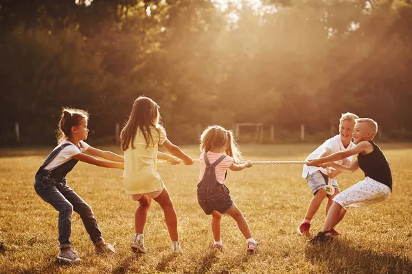 Barn Leker Dragkamp Spel Den Vackra Ängen Solig Dag — Stockfoto