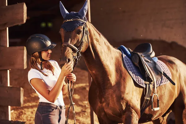 Tier Ist Blauer Kleidung Reiterin Uniform Und Schwarzem Schutzhelm Mit — Stockfoto