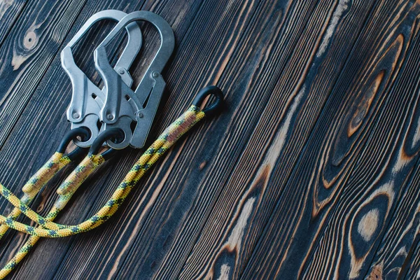 Clean Surface Isolated Photo Climbing Equipment Part Carabiner Lying Wooden — Stock Photo, Image