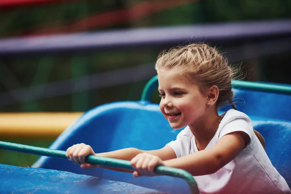 Portrait Happy Female Kid Have Fun Roller Coaster Park Daytime — Stock Photo, Image