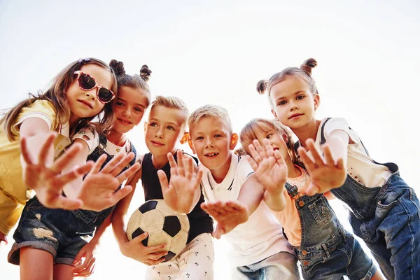 Hello Gesture Soccer Ball Portrait Kids Standing Together Posing Camera — Stock Photo, Image