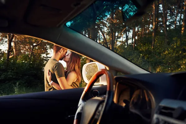 View Car Interior Steering Wheel Side Mirror Beautiful Young Couple — Stock Photo, Image